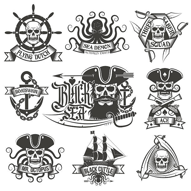 Pirate tattoo set Pirate tattoo set. Unique pirate logos, perfect for t-shirt. nautical tattoos stock illustrations