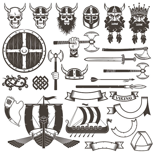ilustrações de stock, clip art, desenhos animados e ícones de definir itens de viking - drakkar