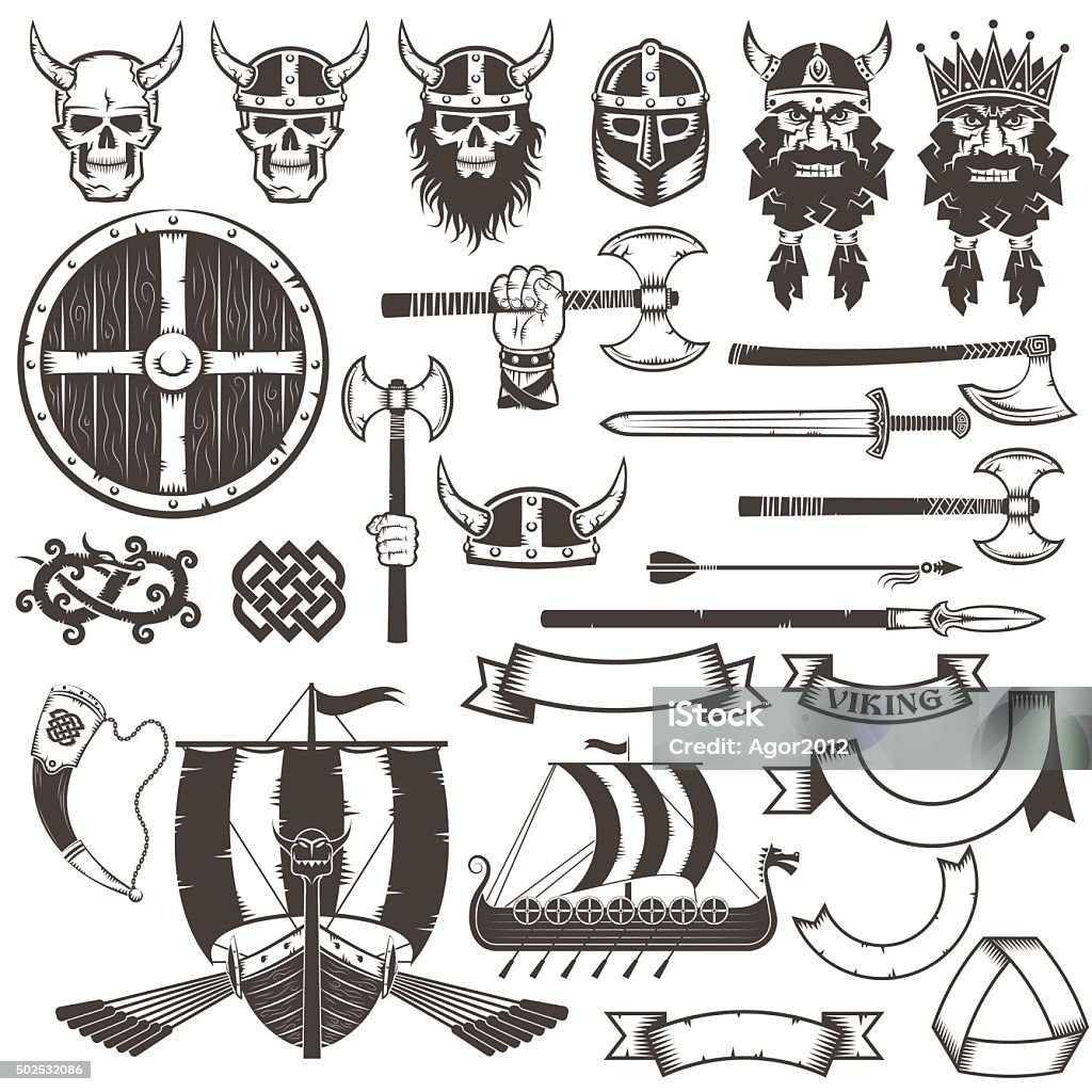 Set Viking items Set Viking items. Skull, horned helmet, face of viking, shield, ax, sword, arrow, spear, dragon, ribbons, banners, horn, Drakkar. Viking stock vector