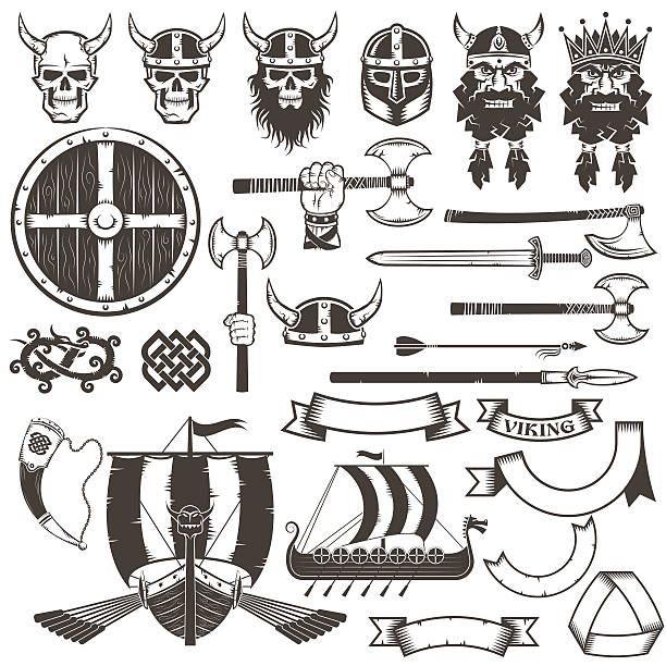 Set Viking items Set Viking items. Skull, horned helmet, face of viking, shield, ax, sword, arrow, spear, dragon, ribbons, banners, horn, Drakkar. viking stock illustrations