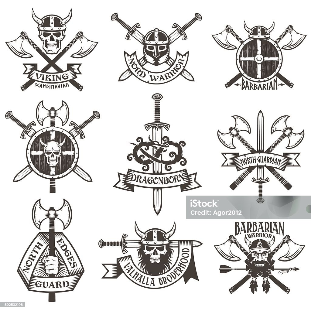 Viking logo set Viking logo set. Skull in a horned helmet, the skull with a beard, the head Viking crossed axes, crossed swords, viking helmet, shield Viking hand with an ax, a dragon. Logos can be easily disassembled into separate items. 2015 stock vector