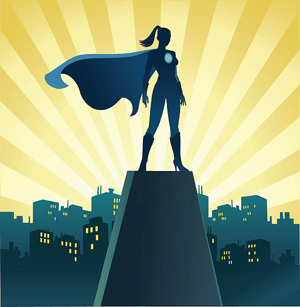 ilustraciones, imágenes clip art, dibujos animados e iconos de stock de superhéroe mujer de ve en el horizonte de la ciudad - valiant