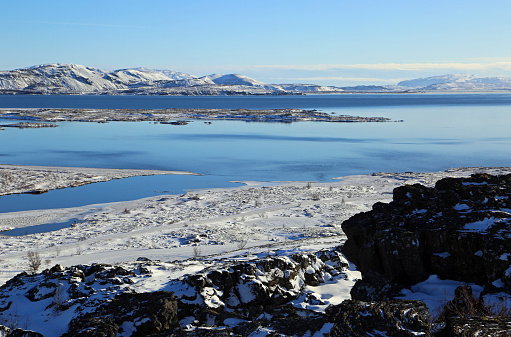 Þingvallavatn, the largest natural lake in Iceland, in the Thingvellir (Þingvellir) National Park.