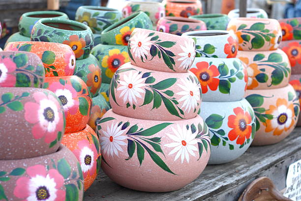 San Diego, California, USA - December 20, 2015: Painted pottery in Mexican market in Old Town San Diego