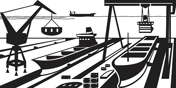illustrazioni stock, clip art, cartoni animati e icone di tendenza di costruzione navale con moli e gru - passenger ship ferry crane harbor