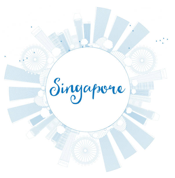 illustrazioni stock, clip art, cartoni animati e icone di tendenza di orizzonte di singapore di contorno con punti di riferimento blu e lo spazio della copia. - singapore street business sky