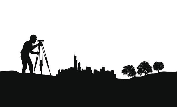 Surveyor City Graphic Background Surveyor City Graphic Background. Silhouette background illustration of a land surveyor and city. Color changes a snap. Check out my "Construction Vector" light box for more. engineer silhouettes stock illustrations