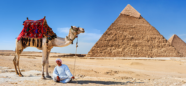 Bedouin standing with his camel, pyramids on the background, Giza, Egypt.