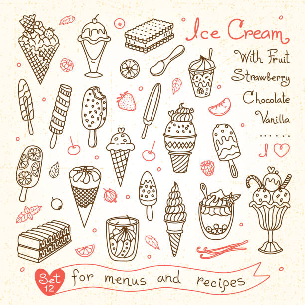 illustrazioni stock, clip art, cartoni animati e icone di tendenza di set disegni di gelato di design del menu, ricette e - cream horn