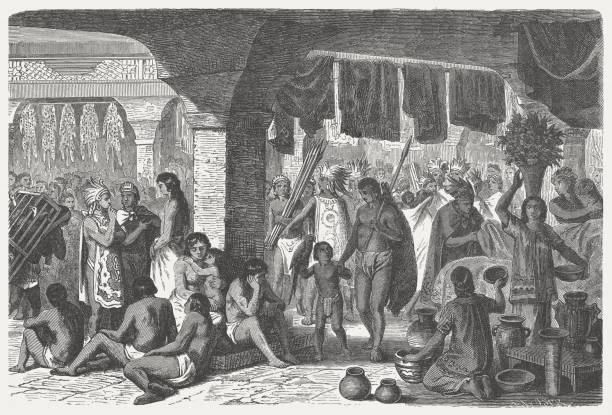 Tianguis, market place in the ancient Mexico, published in 1880 Tianguis - market place in the ancient Mexico. Woodcut engraving after a drawing by Heinrich Leutemann (German painter, 1824 - 1905), published in 1880. aztec civilization photos stock illustrations