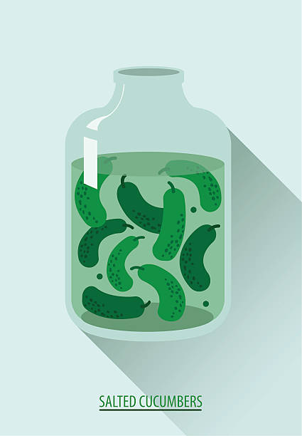 Salted cucumber. Scanned cucumbers in a glass jar vector art illustration