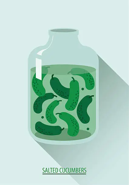 Vector illustration of Salted cucumber. Scanned cucumbers in a glass jar