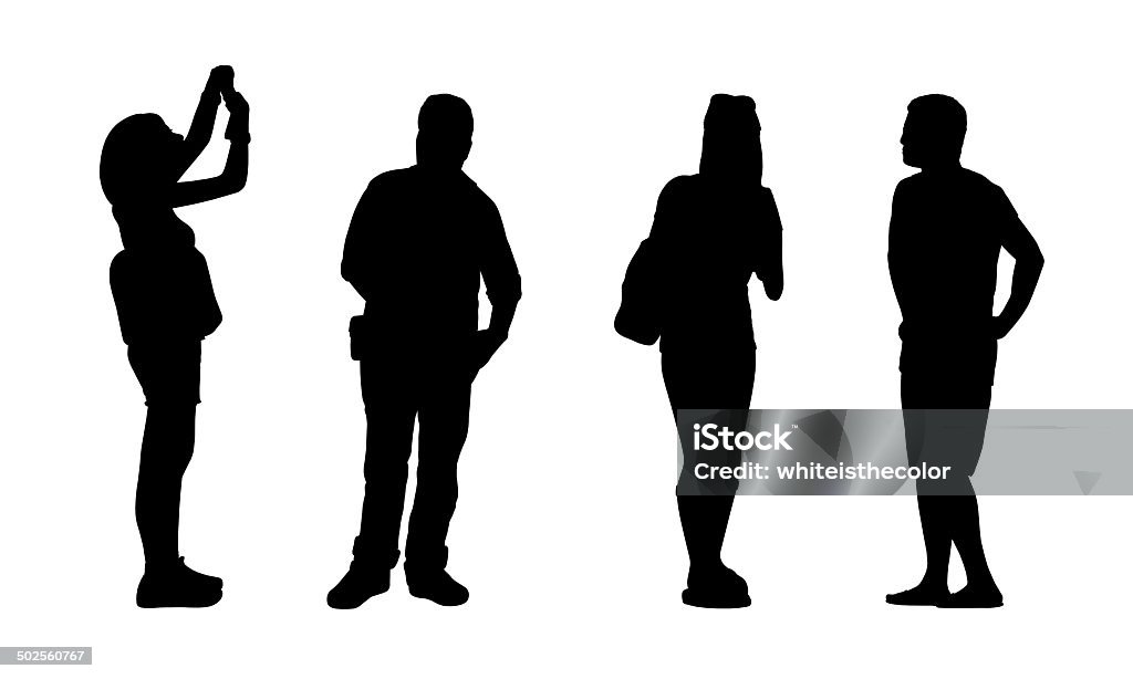 asian people standing outdoor silhouettes set 3 black silhouettes of asian men and women standing outdoor in different postures, front, back and profile views Adult stock illustration