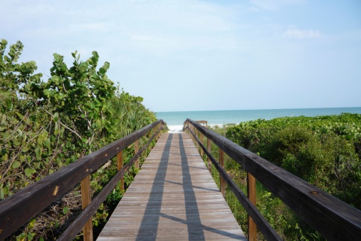 Wooden walkway to the beach through lush vegetation with the beach and sea in the distance signifying vacations, holidays, the future and distance
