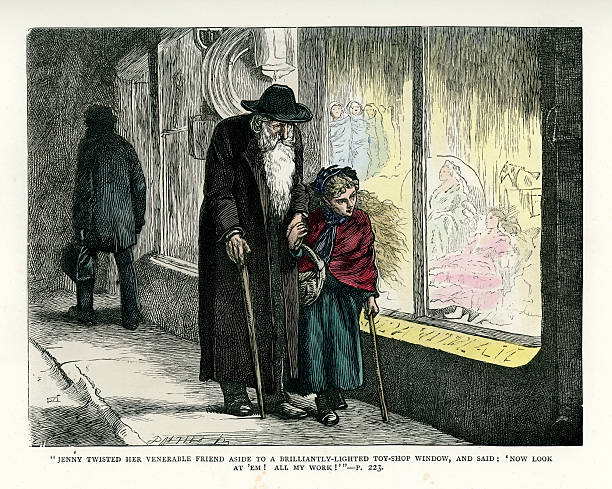 Our Mutual Friend by Charles Dickens Vintage engraving from the Works of Charles Dickens. From Our Mutual Friend. Jenny twisted her venerable friend aside to a brilliantly lighted toy shop window, and said: 'Now look at 'em! All my Work ! charles dickens stock illustrations