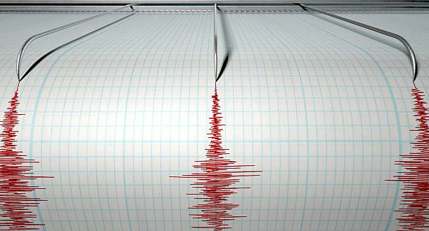 Seismograph Earthquake Activity A closeup of a seismograph machine needle drawing a red line on graph paper depicting seismic and eartquake activity on an isolated white background earthquake photos stock pictures, royalty-free photos & images