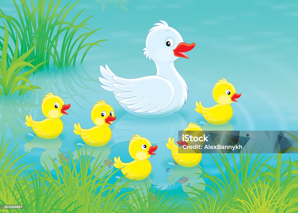 Duck and ducklings White duck swimming with her small yellow ducklings in a pond Agriculture stock illustration