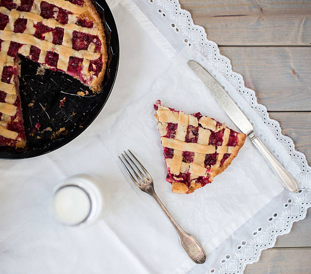 istock Homemade cherry pie on wooden table. 502577084