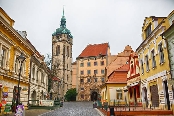 Melnik, Czech Republic, January 04 2014: View of the tower of Church of Saint Peter and Paul at winter time