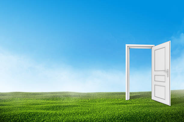 istock White open door on the green grass lawn with blue 502578244