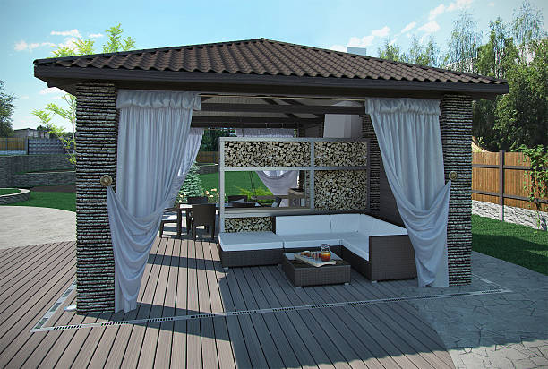 patio extérieur et pavillon de jardin, rendu 3d - garden pavilion photos et images de collection