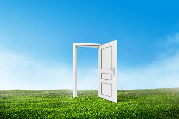 istock White door on a green grass field with blue sky 502578442