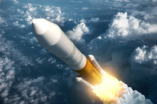 Cargo Launch Rocket Takes Off Cargo Launch Rocket Takes Off. 3D Scene. rocketship photos stock pictures, royalty-free photos & images