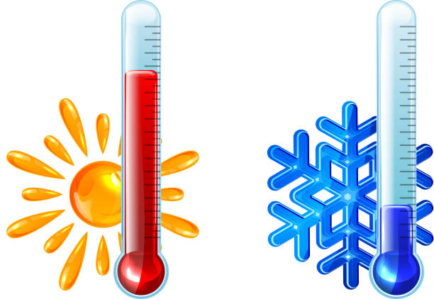 Red and blue thermometers Set of thermometers with red and blue indicator isolated on white background, illustration. ice clipart stock illustrations