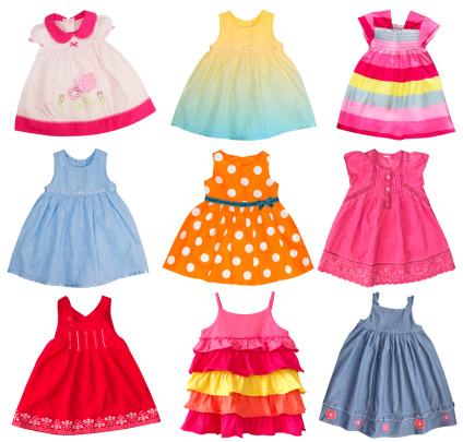 Baby girl dresses collage. Kid dress isolated on white.