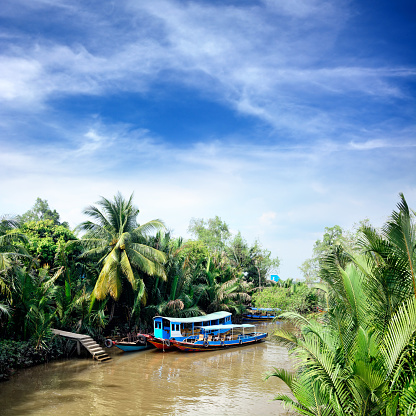 Wooden boats on Mekong Delta, southern Vietnam. Composite photo