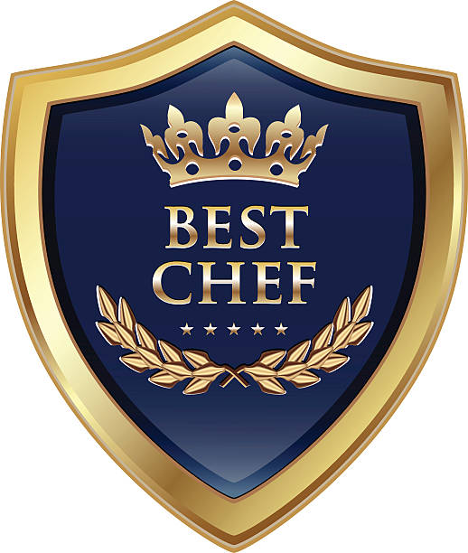 ilustraciones, imágenes clip art, dibujos animados e iconos de stock de el chef galardonado lo oro - shield crown blue badge