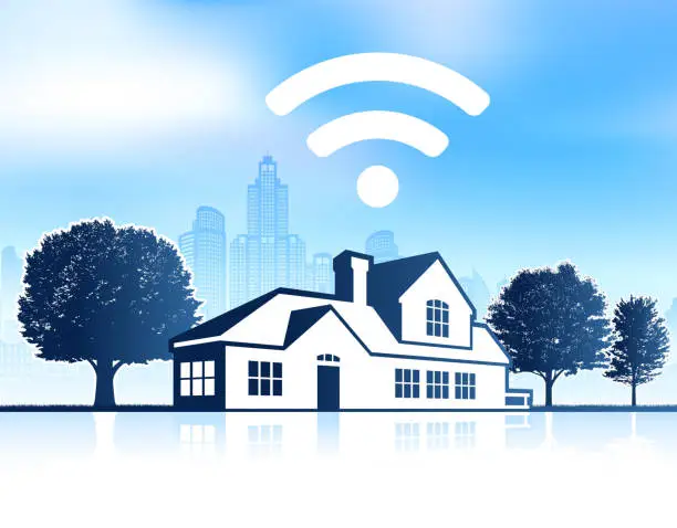 Vector illustration of Wi-Fi House on panoramic city skyline Background