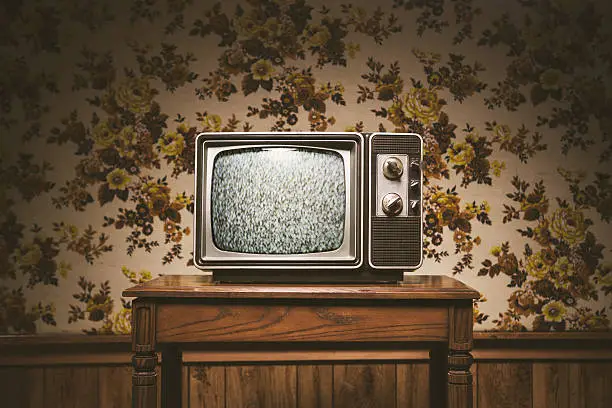 An old T.V. from the 1980's sits on a wood table in a vintage styled living room, floral wallpaper and wood paneling on the wall in the background.  Horizontal image with copy space.