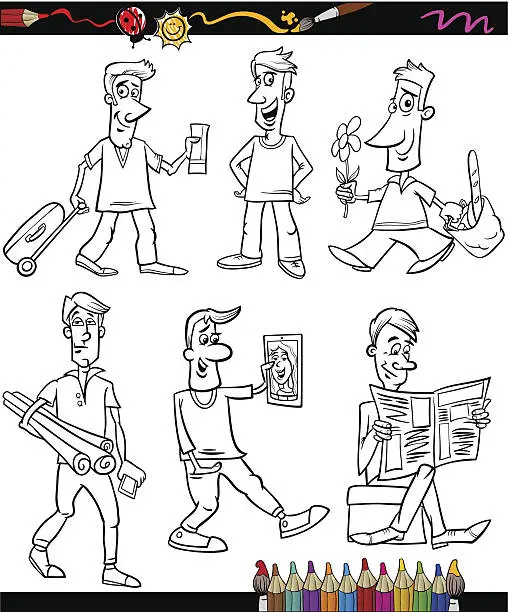 Vector illustration of men set cartoon coloring book