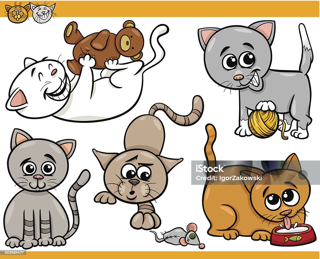 Vetores de Gatos Felizes Ilustração Dos Desenhos Animados Conjunto
