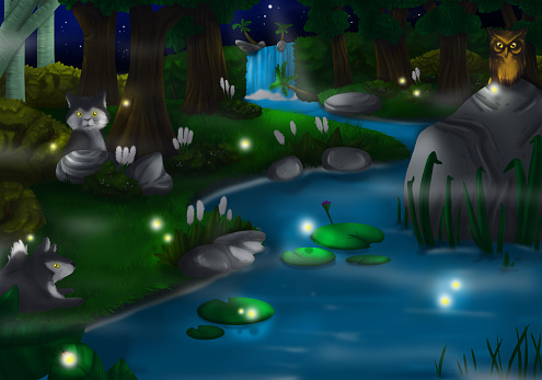 Night Time in Deep Green Forest it time for wolves and firefly party 