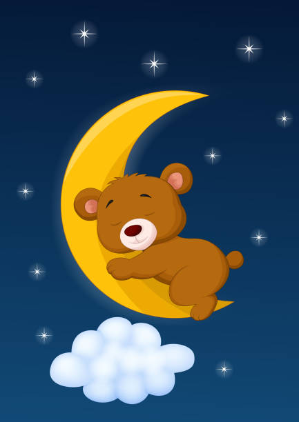 schlafen baby bär auf dem mond - baby congratulating toy birthday stock-grafiken, -clipart, -cartoons und -symbole