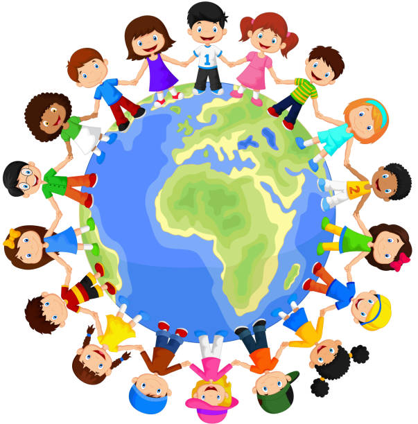 ilustrações de stock, clip art, desenhos animados e ícones de feliz círculo de crianças de diferentes raças - globe human hand earth world map