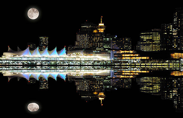 Night view of Vancouver downtown from Stanley park. Canada.