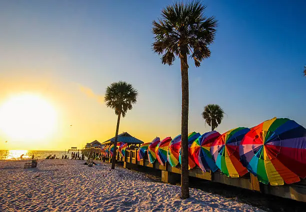 Vibrant colors of Clearwater beach, Florida at sunset