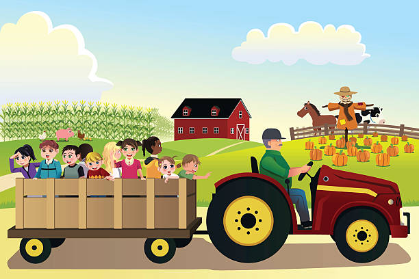 illustrations, cliparts, dessins animés et icônes de enfants aller sur un chariot à foin dans une ferme - farm pumpkin autumn farmer