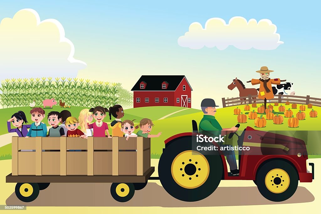 Kids going on a hayride in a farm A vector illustration of kids going on a hayride in a farm with corn fields in the background Hayride stock vector