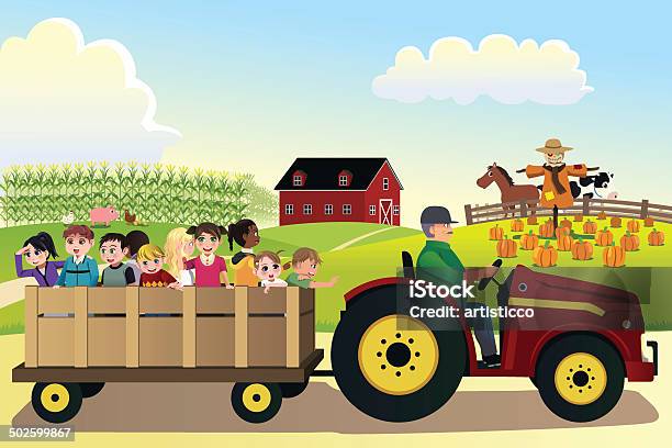 Kids Going On A Hayride In A Farm Stock Illustration - Download Image Now - Hayride, Farm, Pumpkin