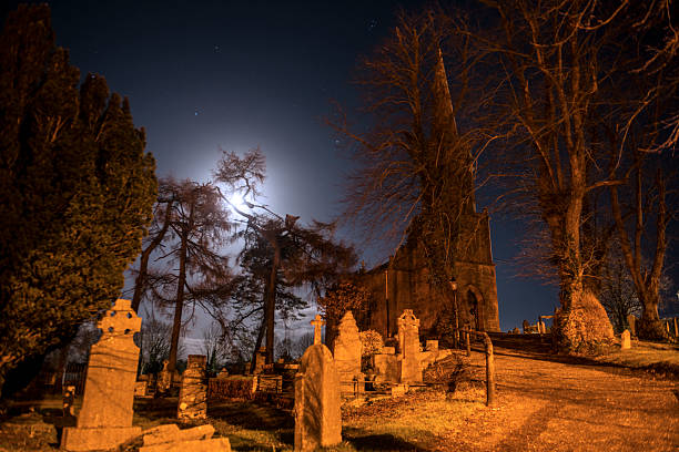 istock Abandoned Church and graveyard at night 502604688