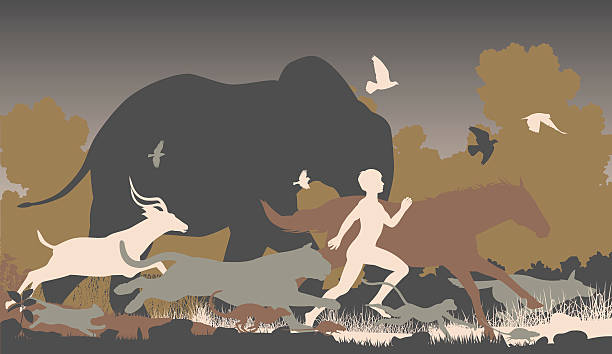 Natural runner Editable vector silhouettes of a man running together with various animals stampeding stock illustrations