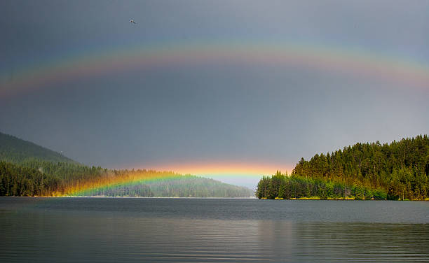 istock Double rainbow over a mountain lake. 502606605