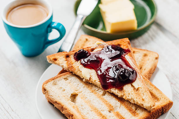 istock Breakfast with coffee, toasts, butter and jam 502610662
