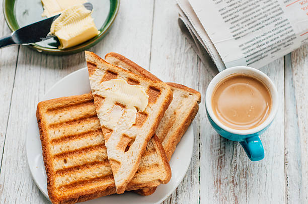 istock Breakfast with coffee, toasts, butter and jam 502610766