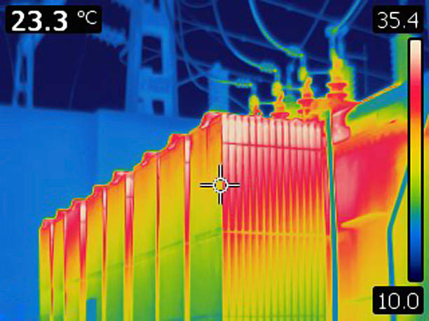Thermal image of electrical transformer Thermal image of electrical transformer. Colors represent various temperatures, defined with rainbow Celsius scale on right side of image. Temperature on upper left corner is a temperature of a point where cursor is. Photo is taken with Flir T420 infrared camera. electricity transformer photos stock pictures, royalty-free photos & images