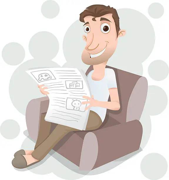 Vector illustration of man sitting on sofa and reading a newspaper